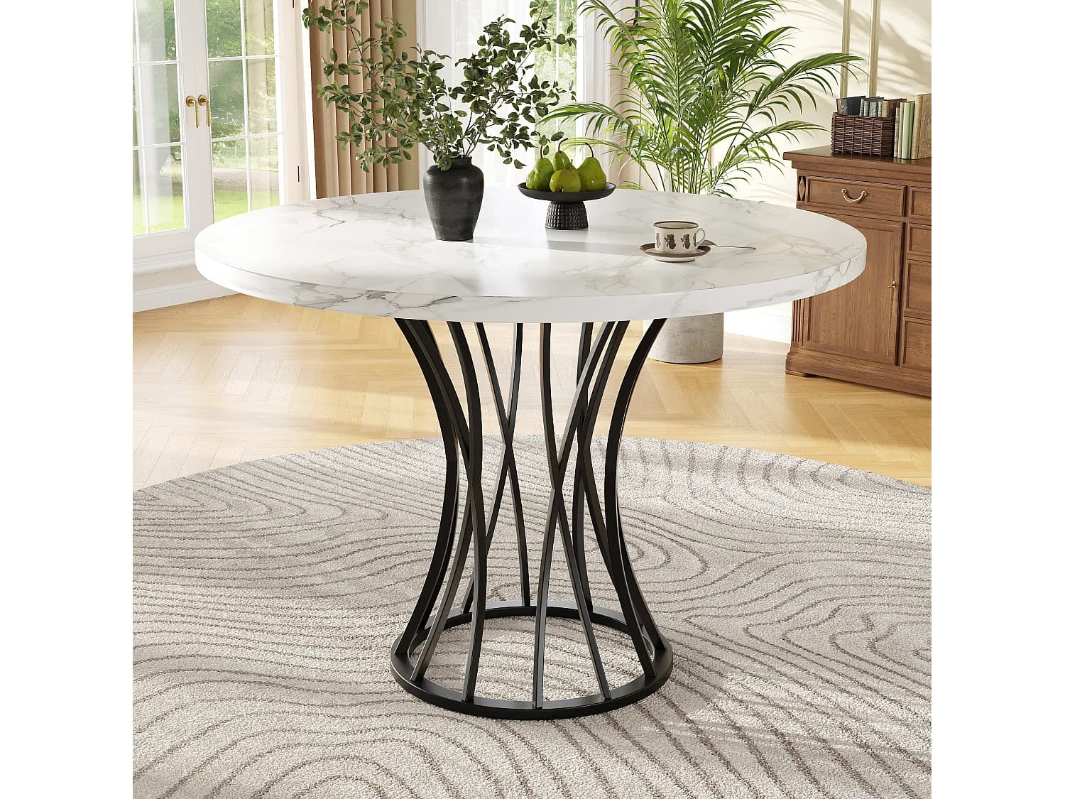 URBAN MEUBLE Table ronde de salle à manger effet marbré blanc, pieds noirs (80 x 80 x 76 cm)