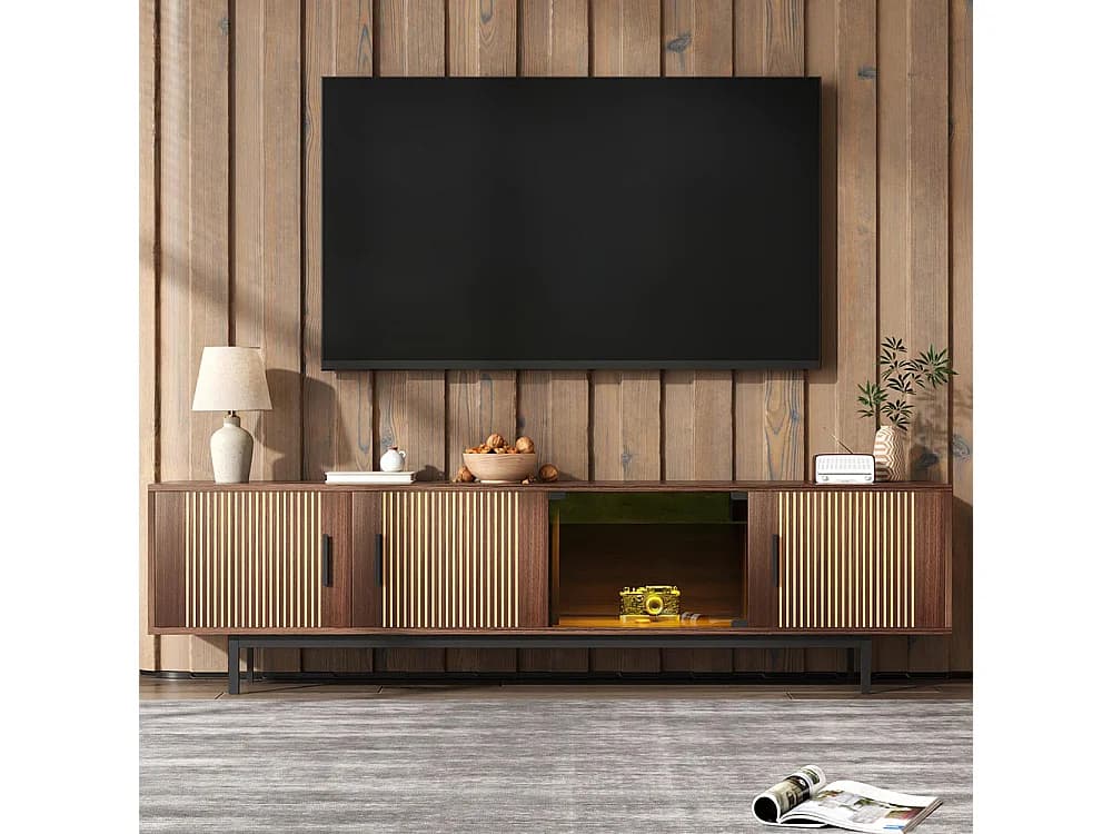 Meubles TV, meubles bas aux textures sculptées, meubles TV avec bandeaux lumineux LED et portes en verre trempé