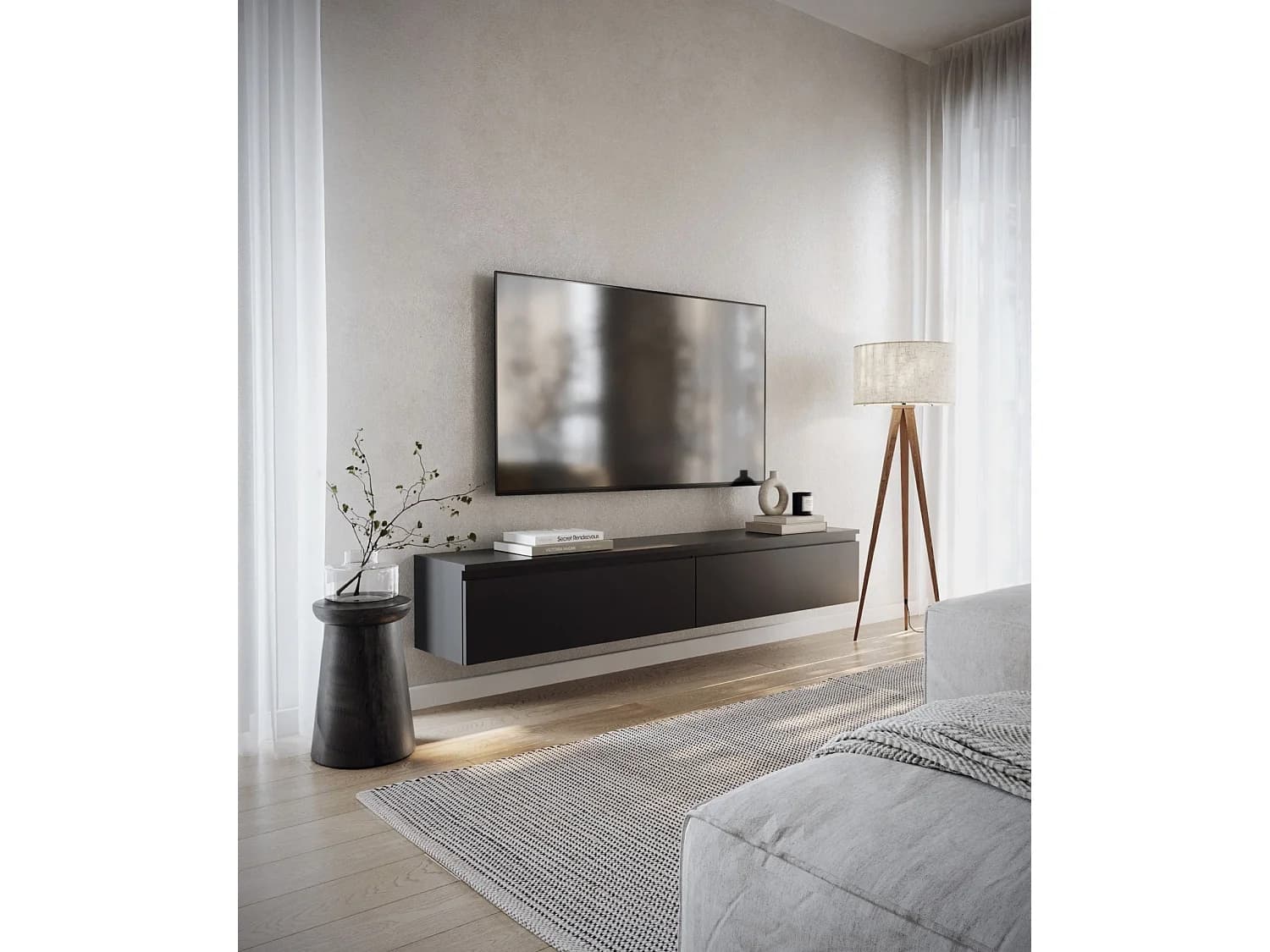 Meuble TV 2 portes -suspendu - 175 cm - noir - BEMMI