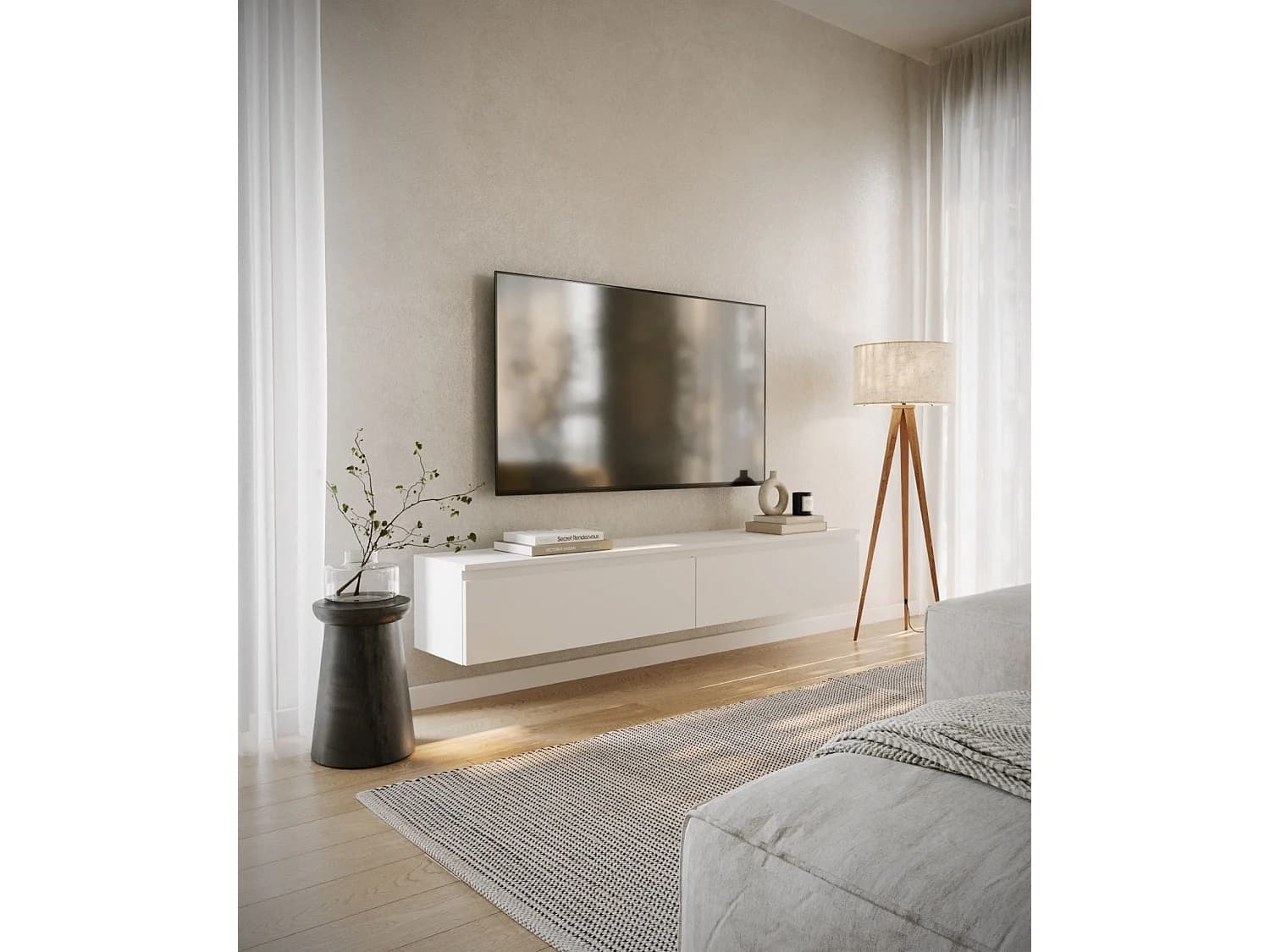 Meuble TV 2 portes -suspendu - 175 cm - blanc - BEMMI