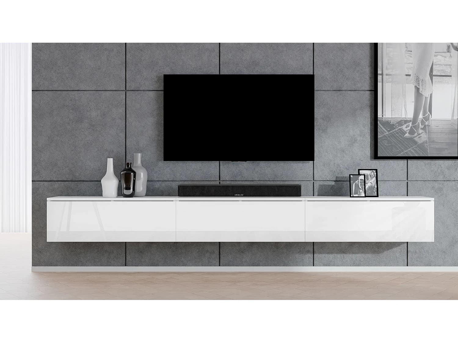 AX LIVING Meuble TV Loriano 3x100 cm blanc mat/brillant