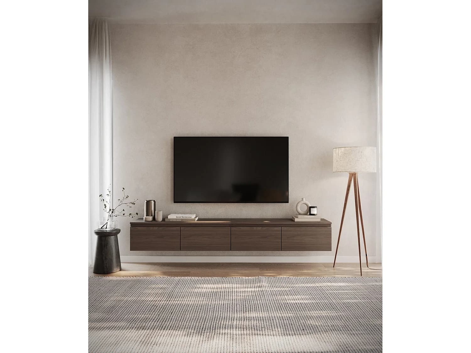 Meuble TV 4 portes -suspendu - 200 cm - noyer du Wisconsin - BEMMI