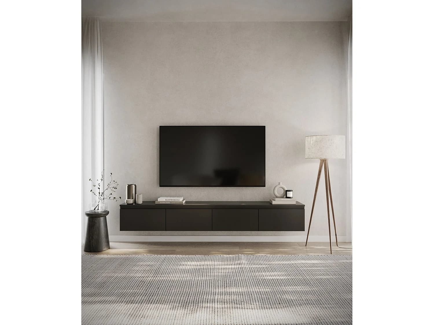 Meuble TV 4 portes -suspendu - 200 cm - noir - BEMMI