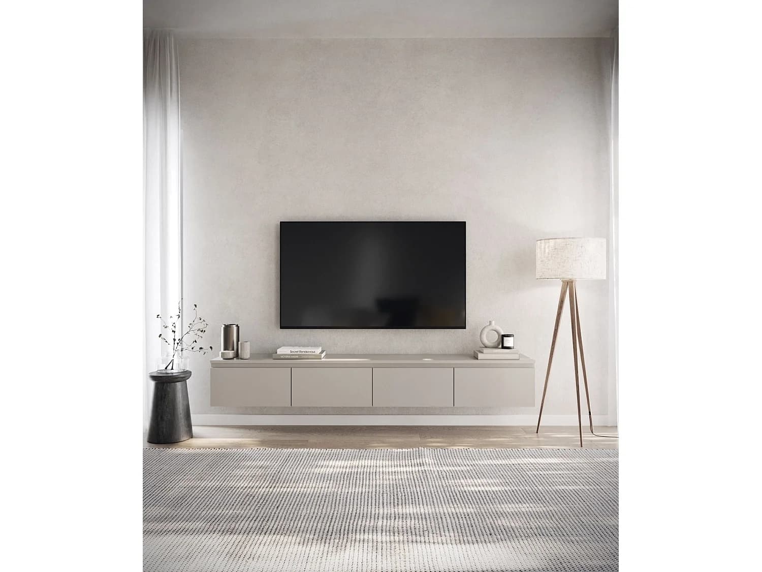 Meuble TV 4 portes -suspendu - 200 cm - greige - BEMMI
