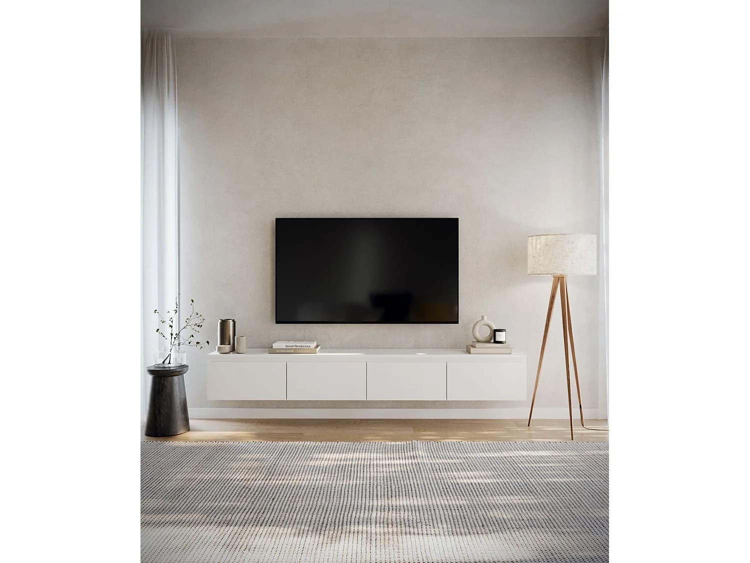 Meuble TV 4 portes -suspendu - 200 cm - blanc - BEMMI