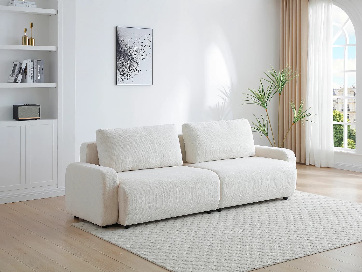 Canapé 4 places convertible en tissu chenille beige YOKIRA