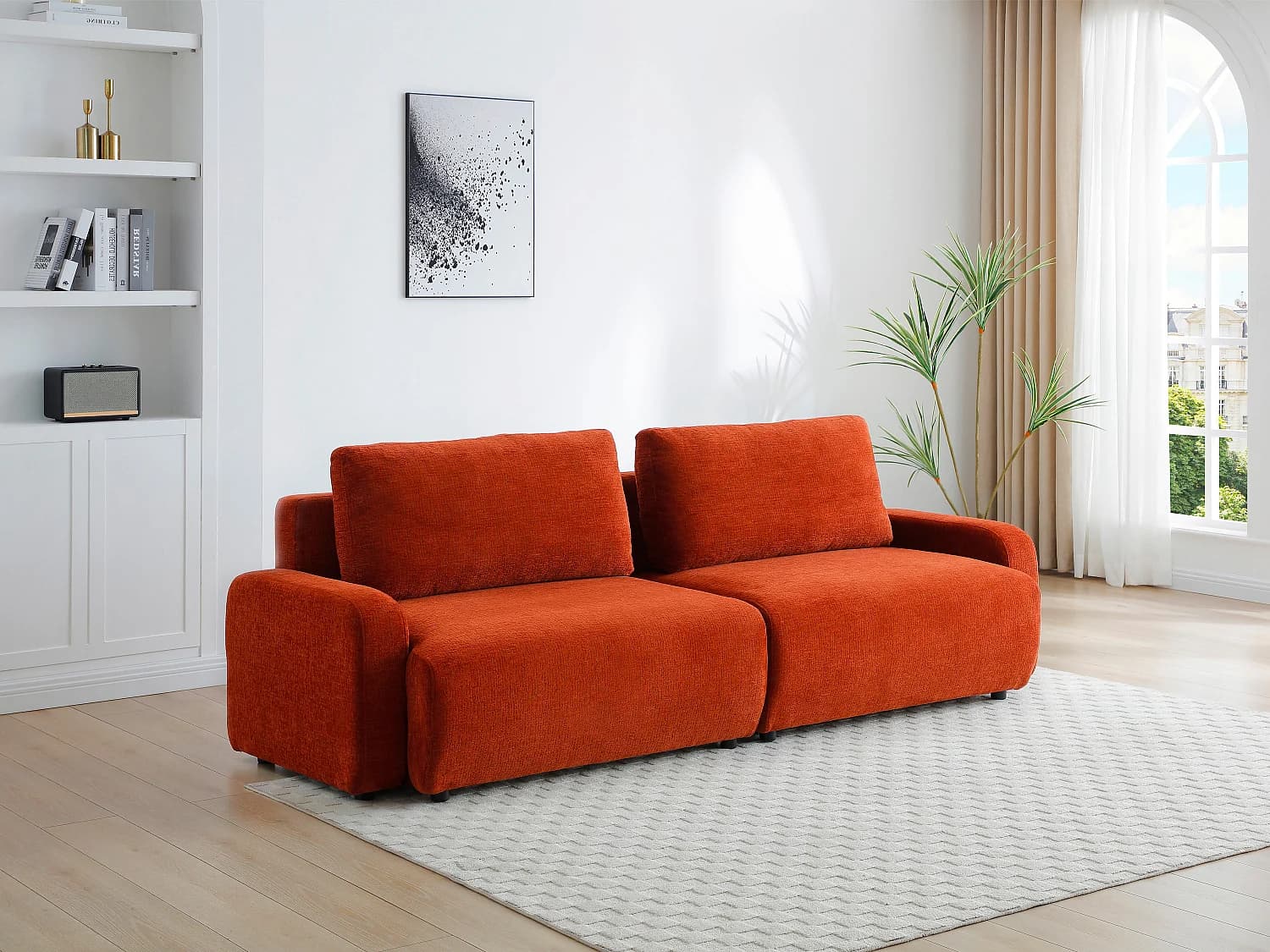 Canapé 4 places convertible en tissu chenille terracotta YOKIRA