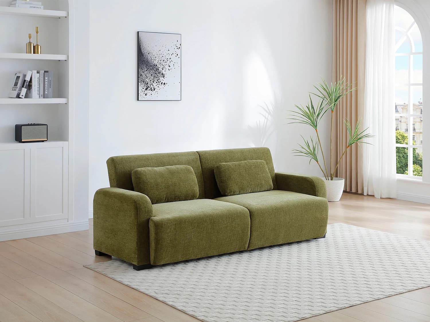Canapé 3 places convertible clic-clac en tissu chenille vert LOMARIO