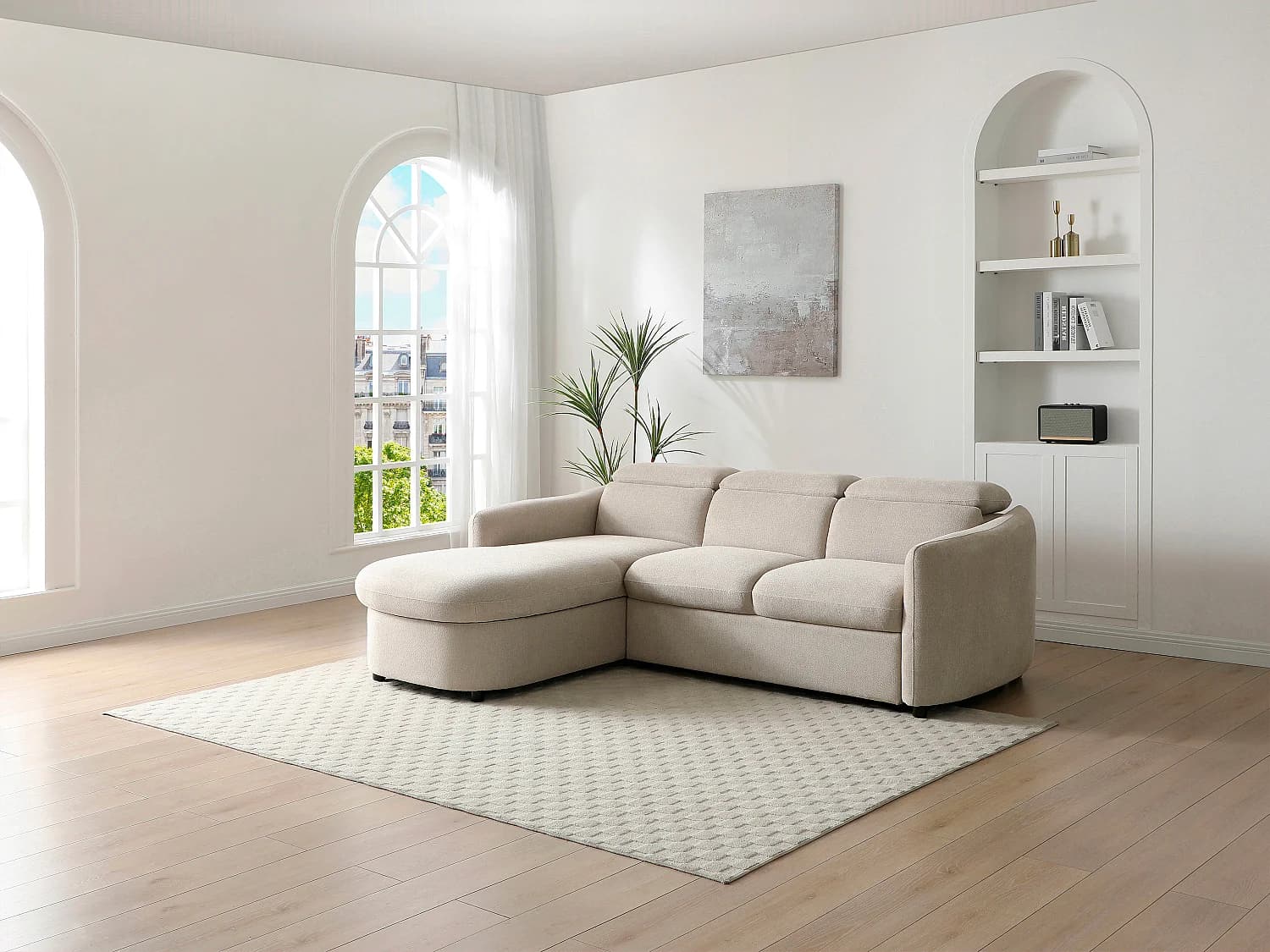 Canapé d'angle gauche convertible en tissu beige RAVIELA