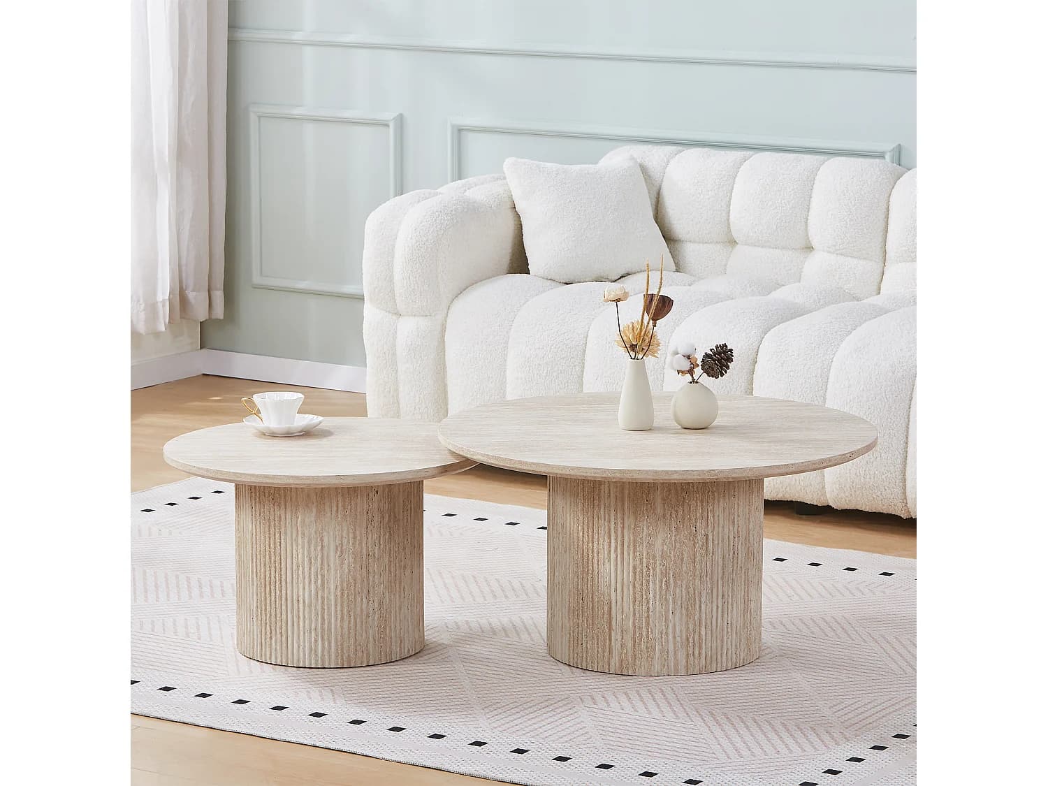 Lot de 2 tables basses gigognes rondes ESME - Effet travertin beige