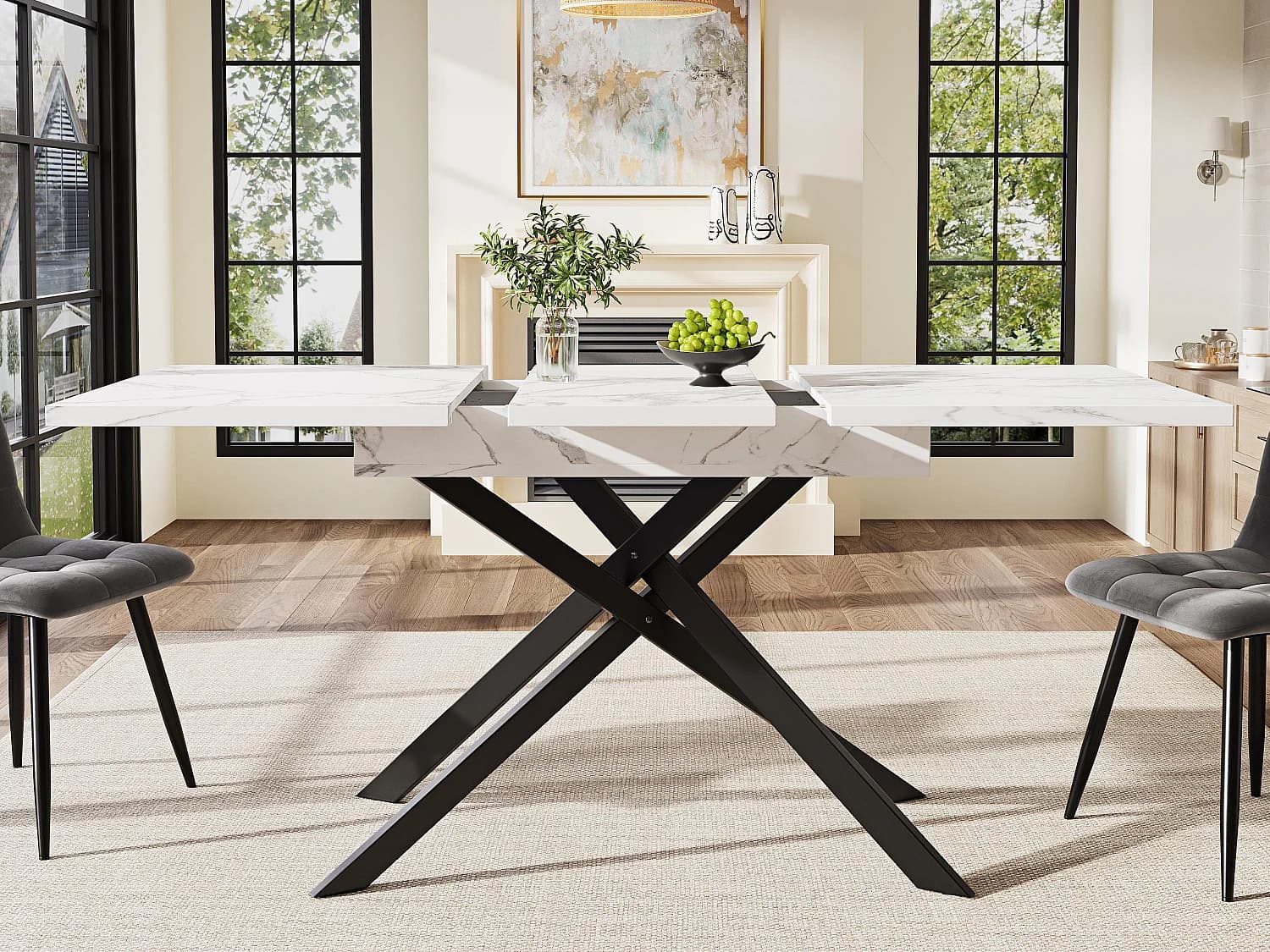Table à manger extensible 120-160x80x76.5cm - 6 à 8 personnes - en MDF - Noir+Blanc