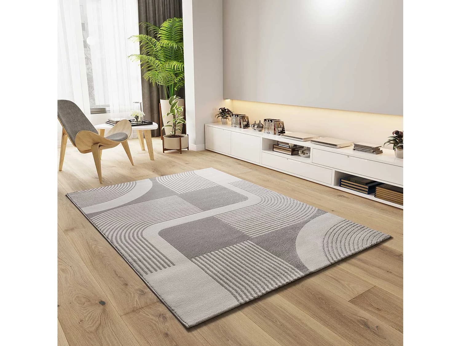 Tapis intérieur - géométrique avec relief - argent - 200 x 290 cm - FLORA