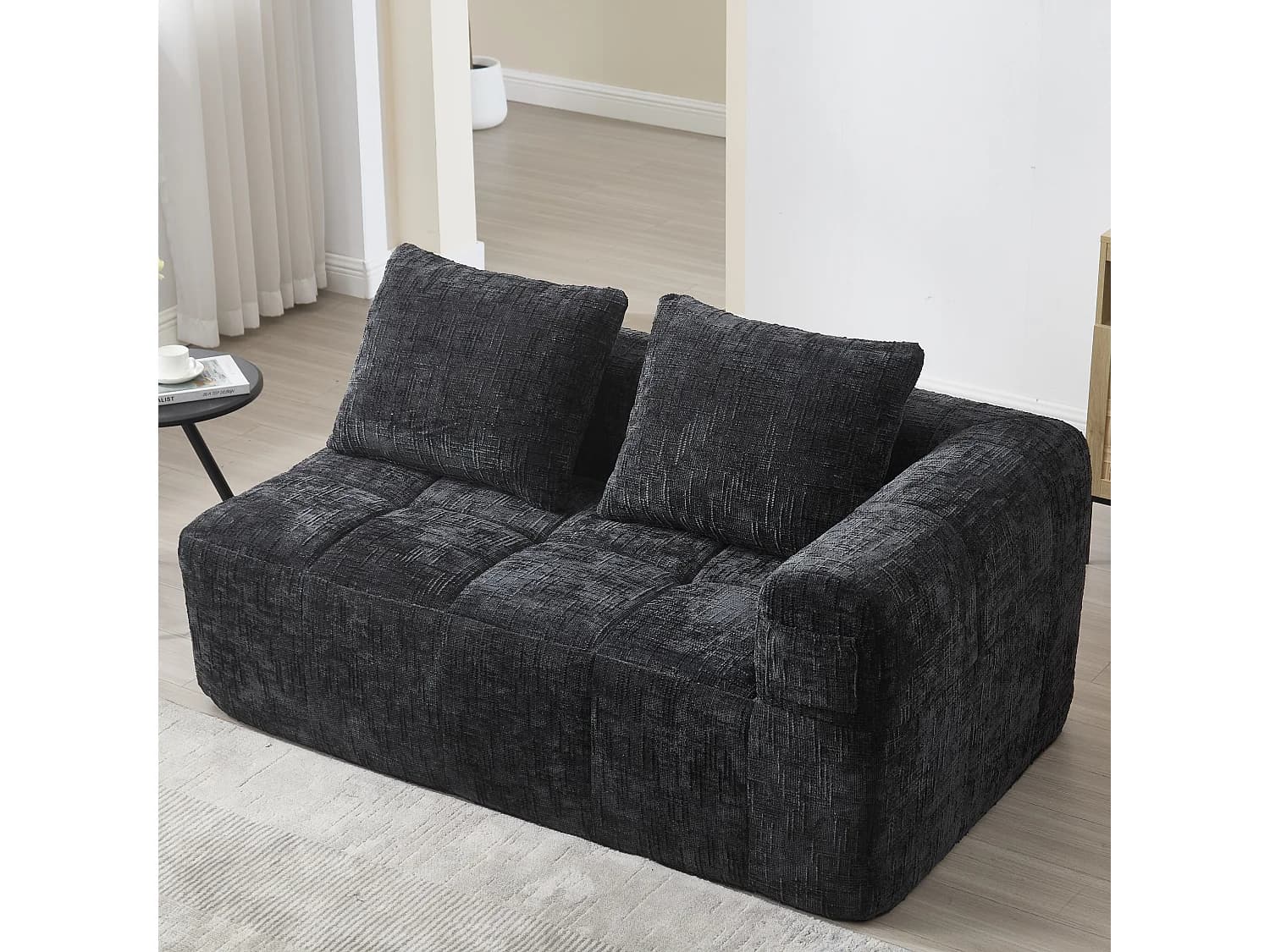 Méridienne gauche 2 places en chenille noir avec 2 coussins, Rembourrage Moelleux - 158x90x60cm