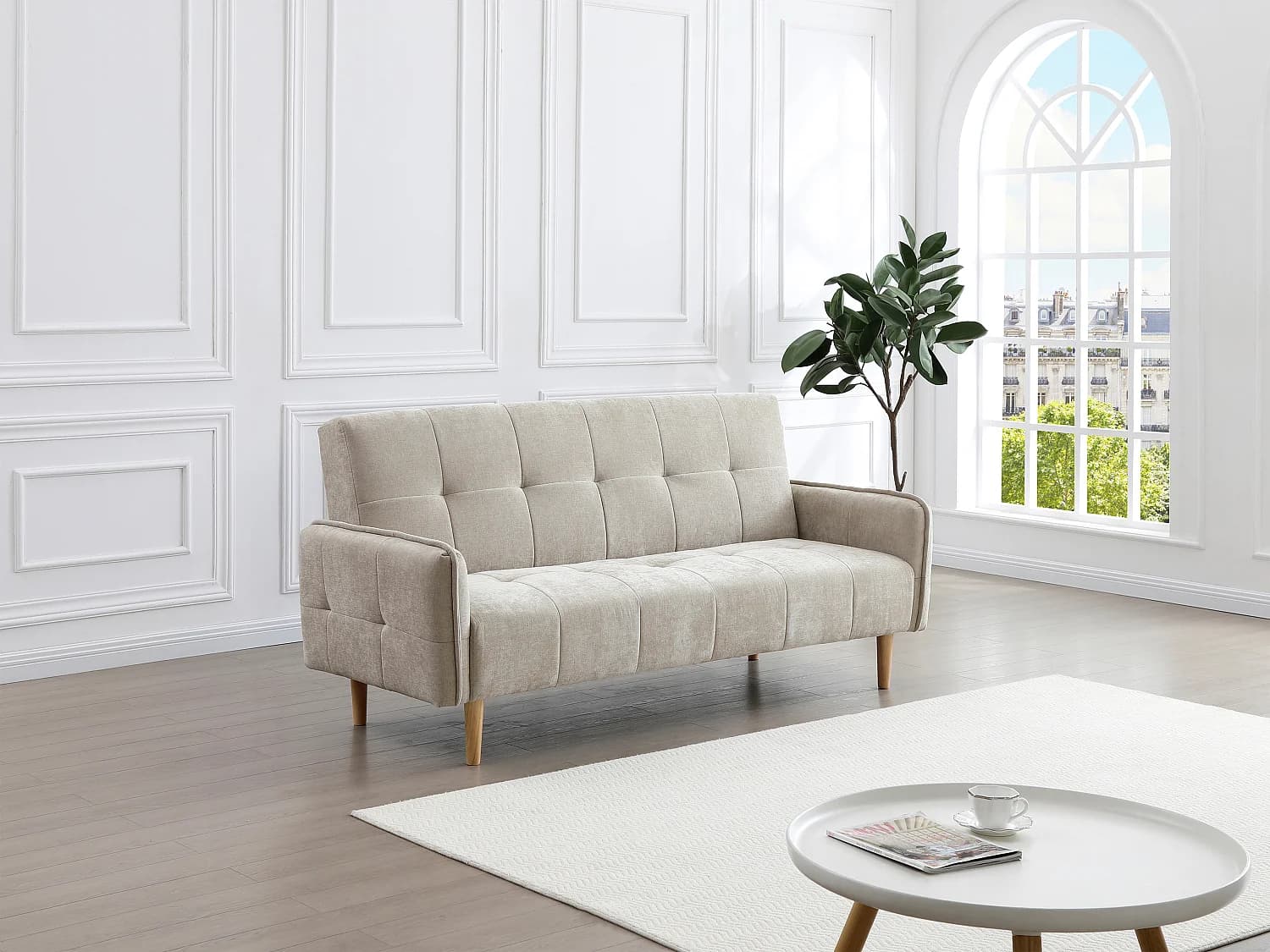 Canapé 3 places convertible clic-clac en tissu beige SONIATA