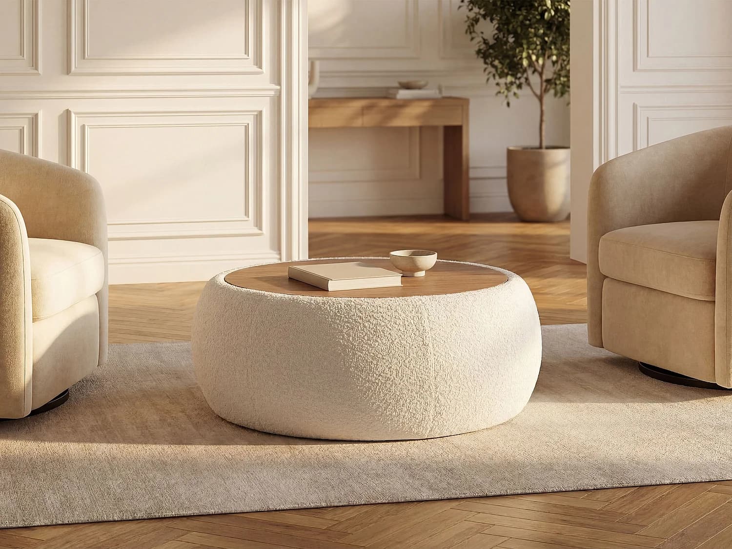 Table basse avec coffre de rangement en tissu bouclette et MDF - Blanc - SORIELI