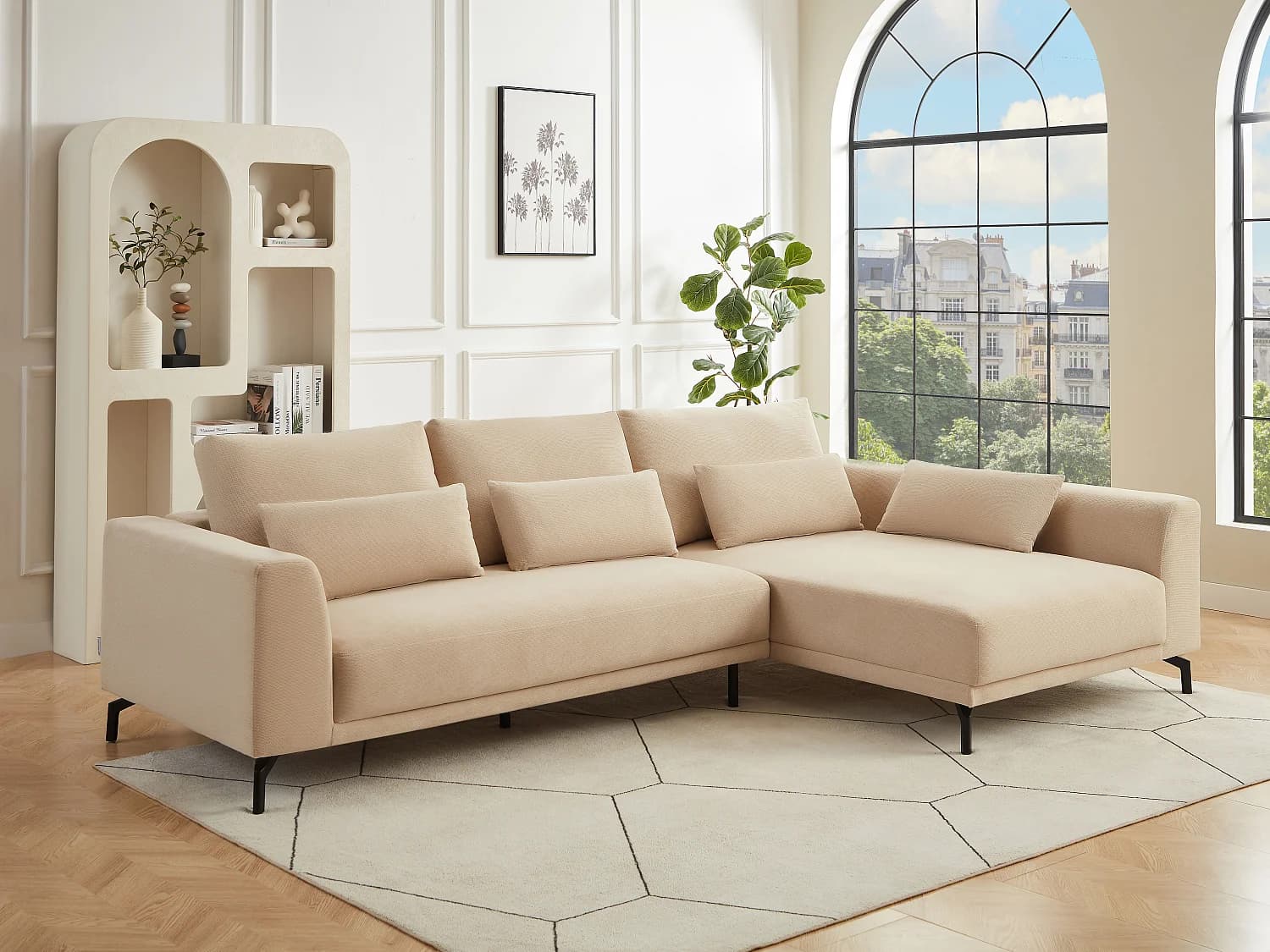 Canapé d'angle droit en tissu texturé beige TILANIA