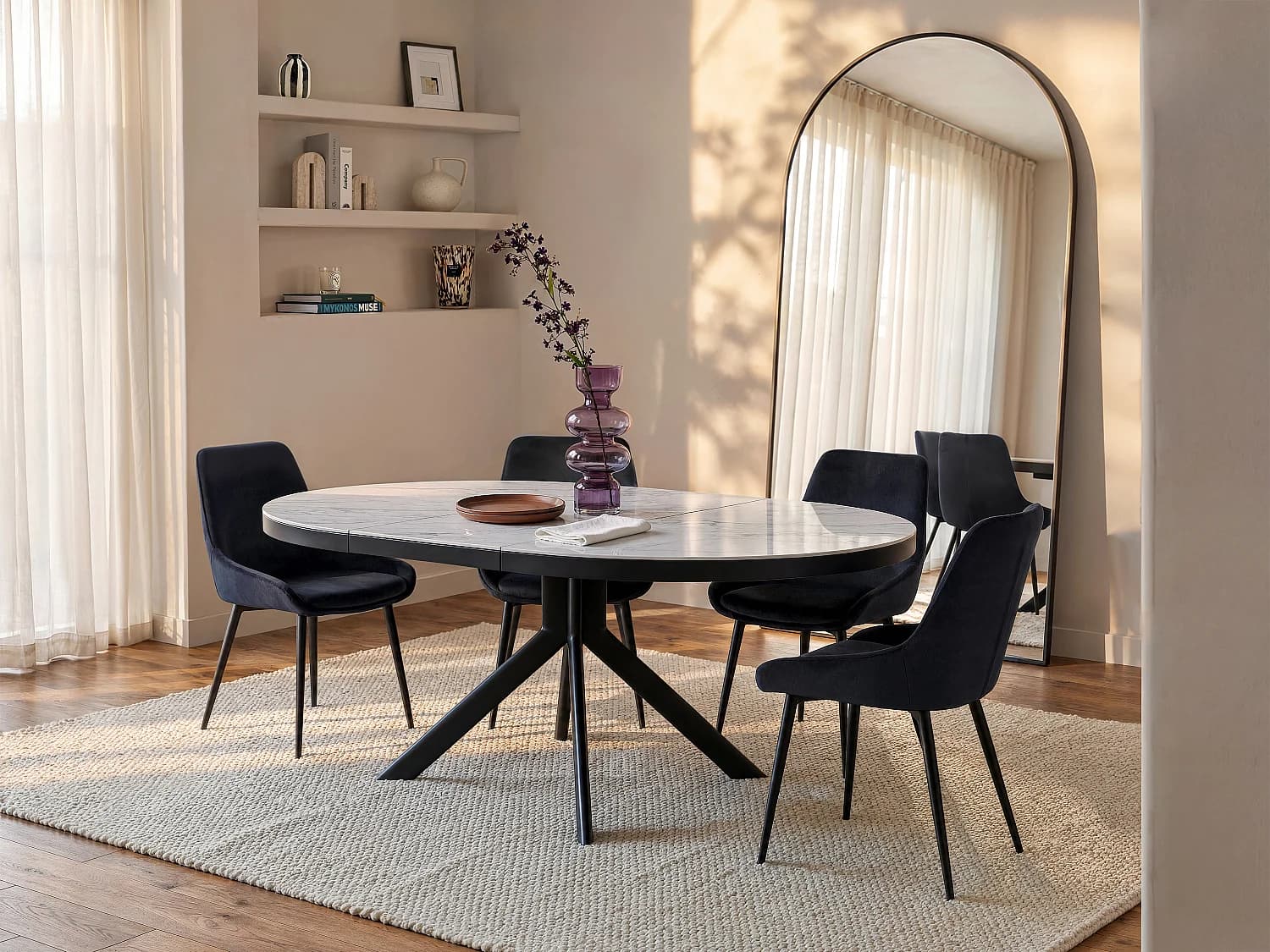 Table à manger extensible 4 à 6 personnes en céramique, MDF et métal - Effet marbre blanc et anthracite - ZALYRA