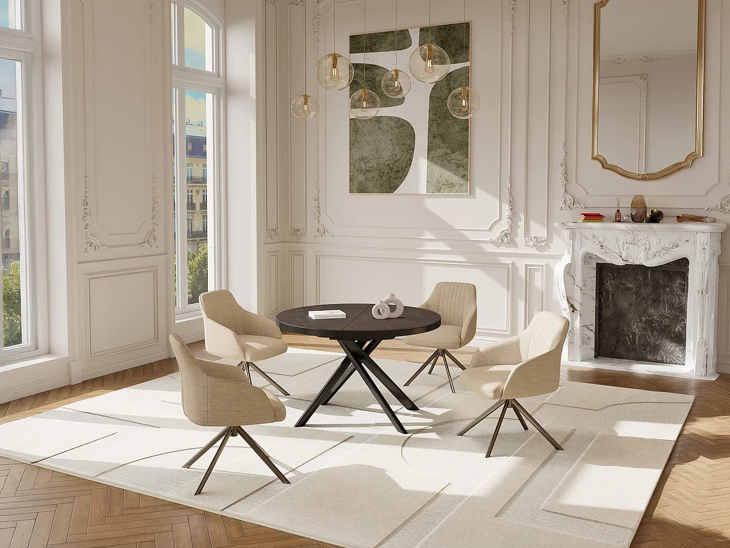 Table à manger extensible 4 à 6 personnes en céramique, MDF et métal - Effet marbre marron et gris - FEROLA