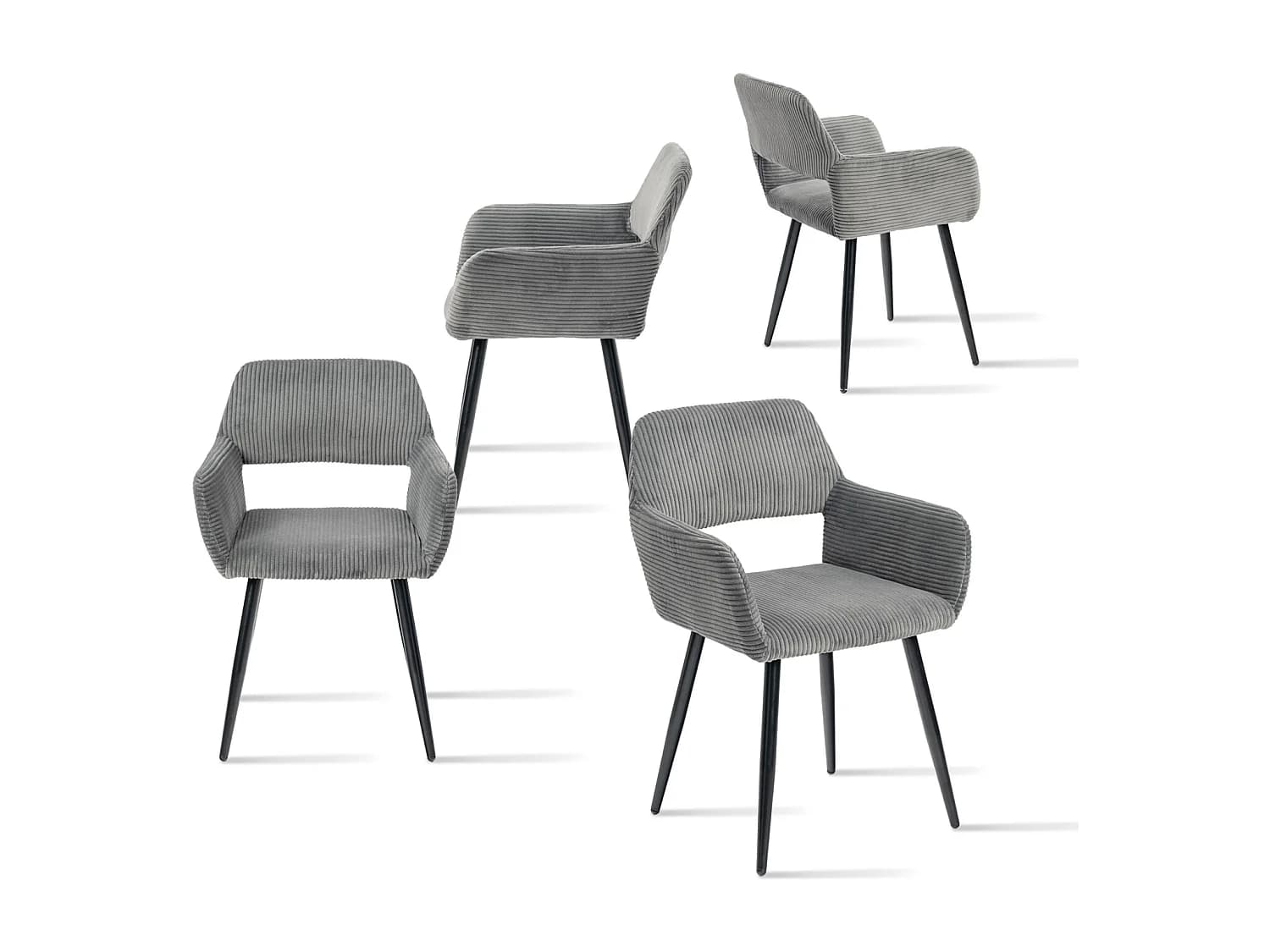 MEUBLES COSY CROMWELL Lot de 4 chaises fauteuils scandinaves en velours côtelé gris foncé avec pieds en métal