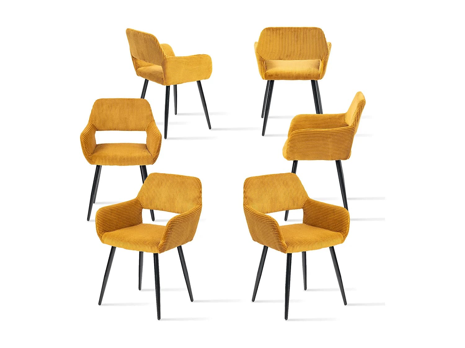 MEUBLES COSY CROMWELL Lot de 6 chaises fauteuils scandinaves en velours côtelé jaune gingembre avec pieds en métal
