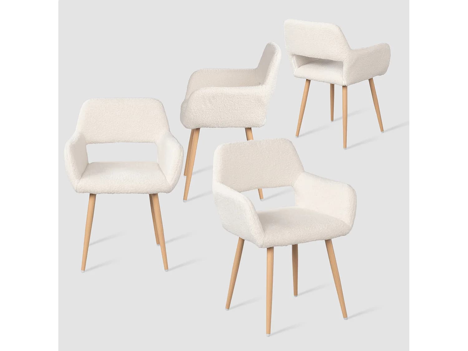 MEUBLES COSY CROMWELL Lot de 4 fauteuils chaises scandinaves en tissu bouclette blanc rembourré avec pieds métal