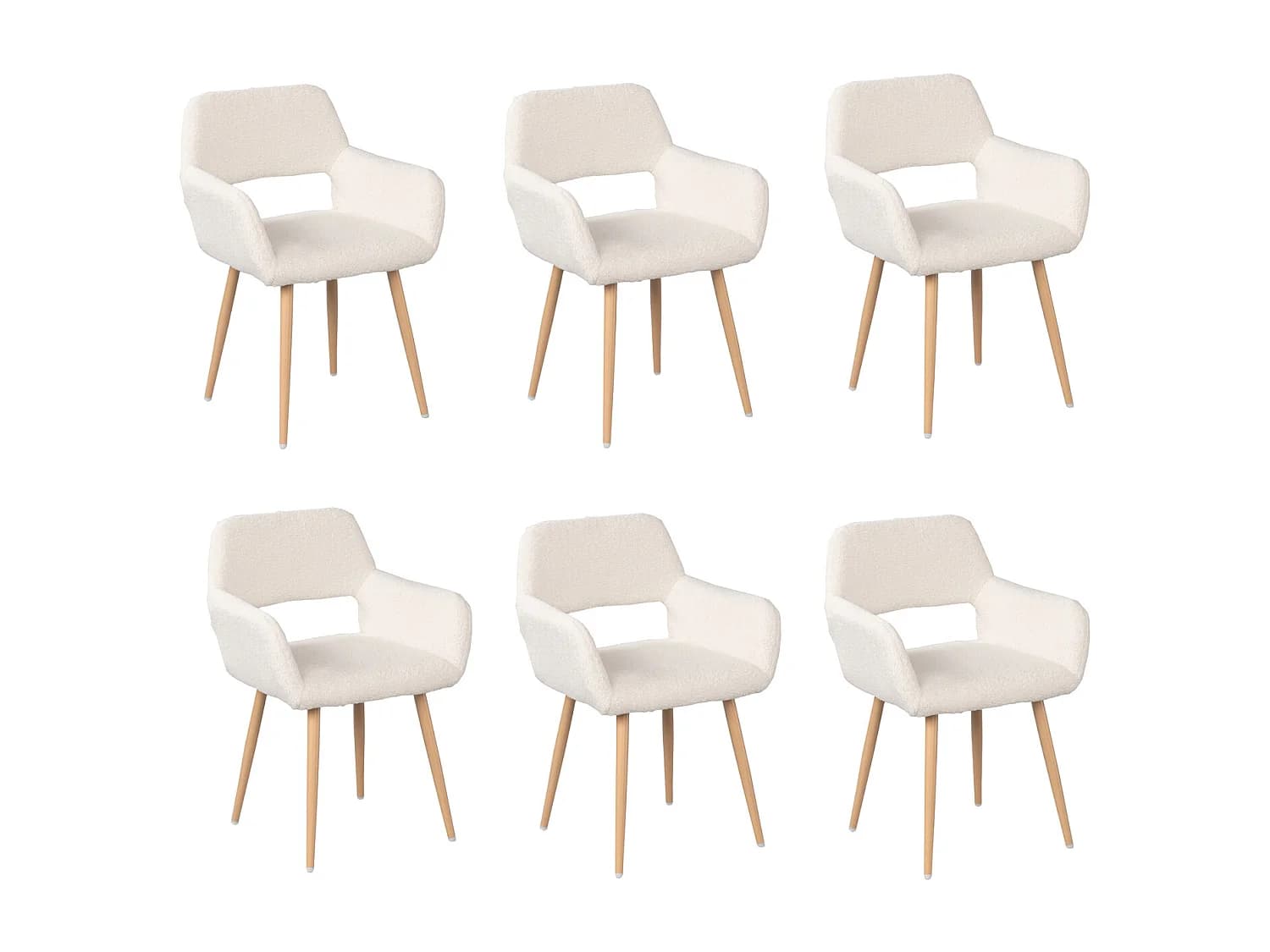 MEUBLES COSY CROMWELL Lot de 6 fauteuils chaises scandinaves en tissu bouclette blanc rembourré avec pieds métal