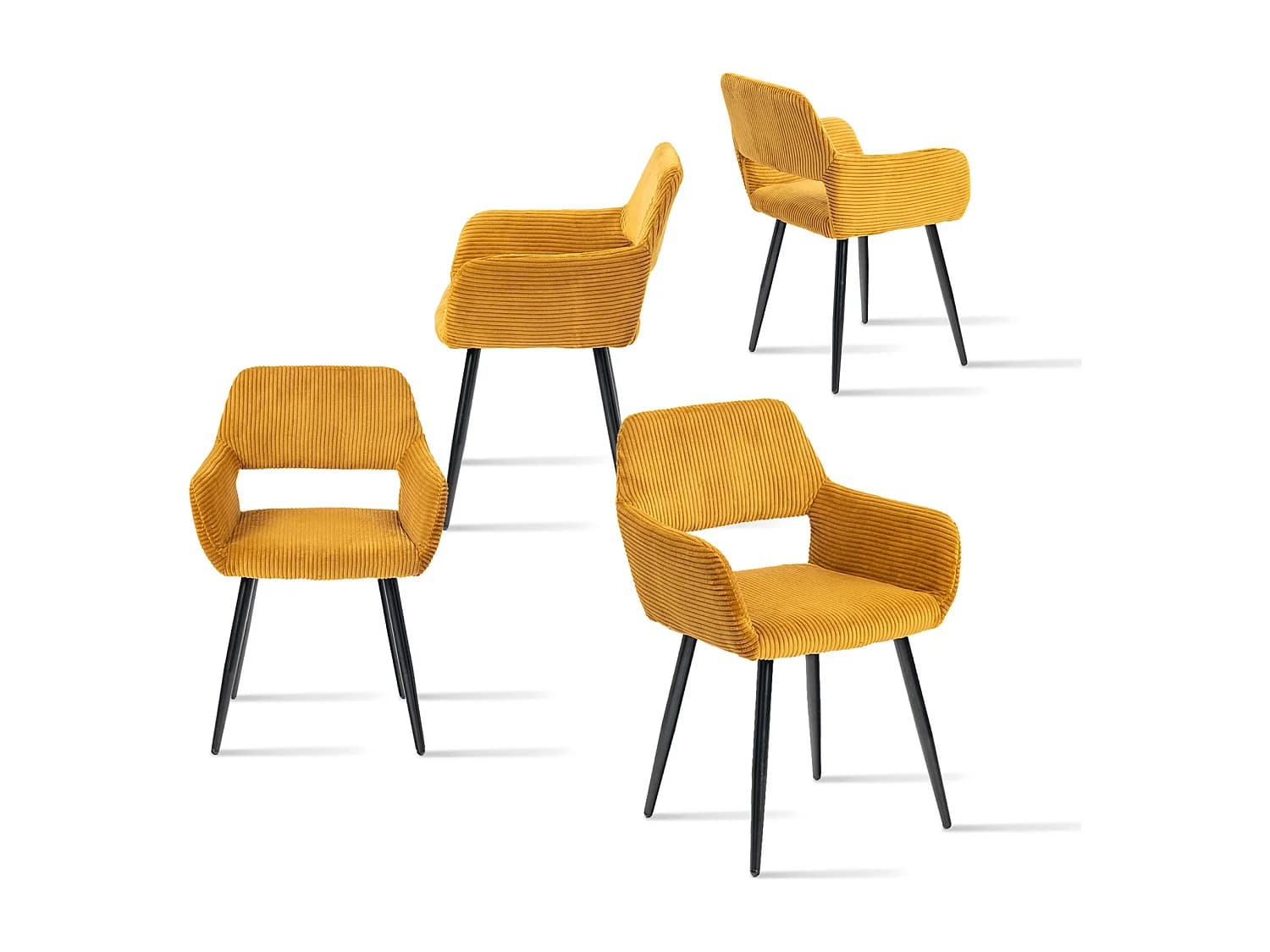 MEUBLES COSY CROMWELL Lot de 4 chaises fauteuils scandinaves en velours côtelé jaune gingembre avec pieds en métal