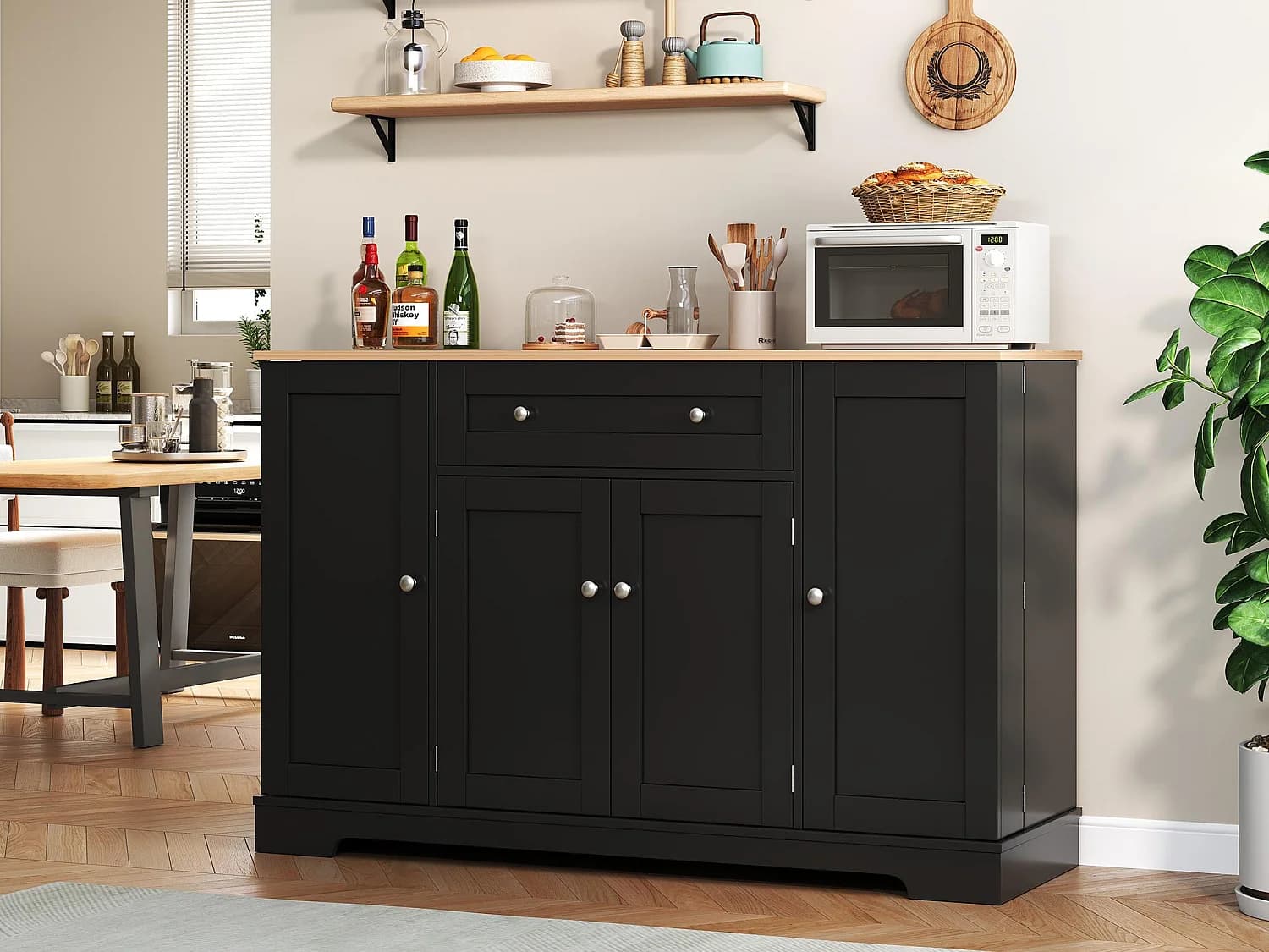 Buffet moderne 138x40x85cm - avec 2 portes et 1 tiroir - 2 portes avec étagères - Noir + Naturel