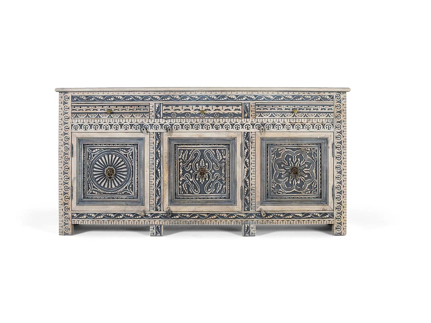 Buffet en bois de manguier, style ethnique colonial, sculpté - 96 x 190 x 44