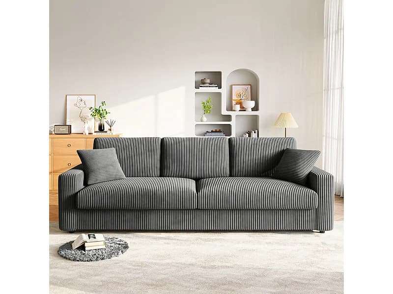 Grand canapé en velours côtelé avec 2 Oreillers - Gris - 256 x 89 x 88cm