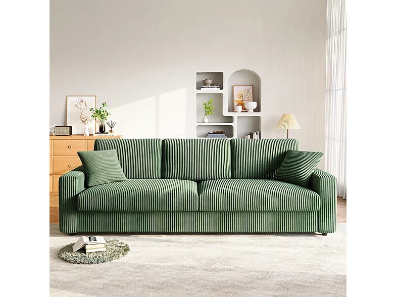 Grand canapé en velours côtelé avec 2 Oreillers - Vert - 256 x 89 x 88cm