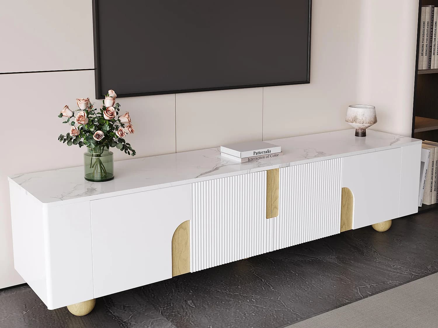 Meuble TV 180x40x44cm - 4 portes - MDF+aggloméré - blanc