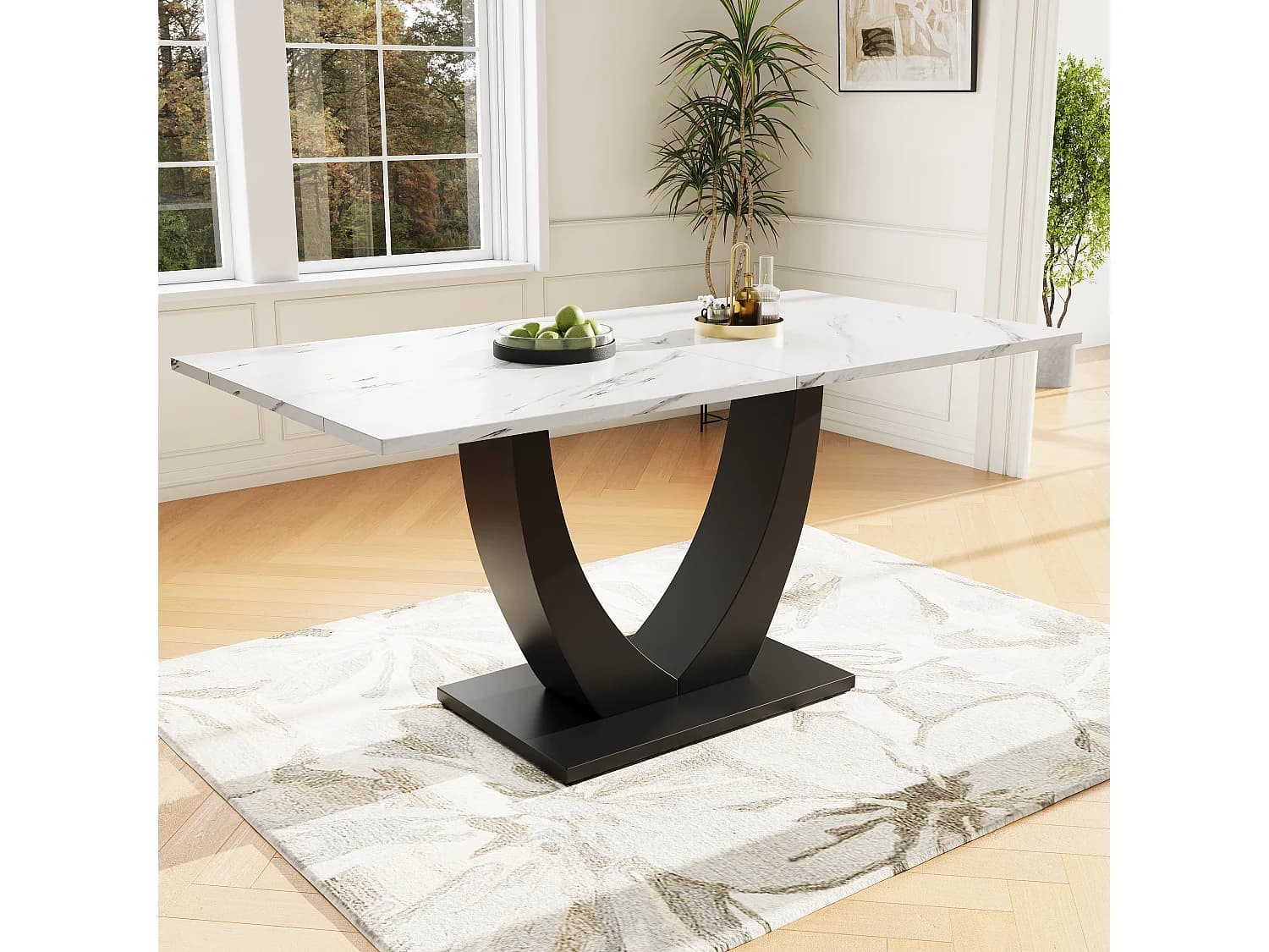 Table à manger 6 personnes 140x75cm en MDF avec pieds ajustables, placage marbre blanc avec pied noir