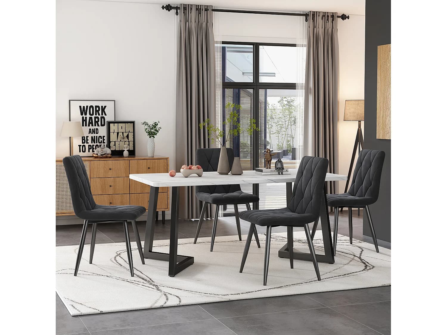 Lot de 4 chaises en velours, pied en métal noir - gris