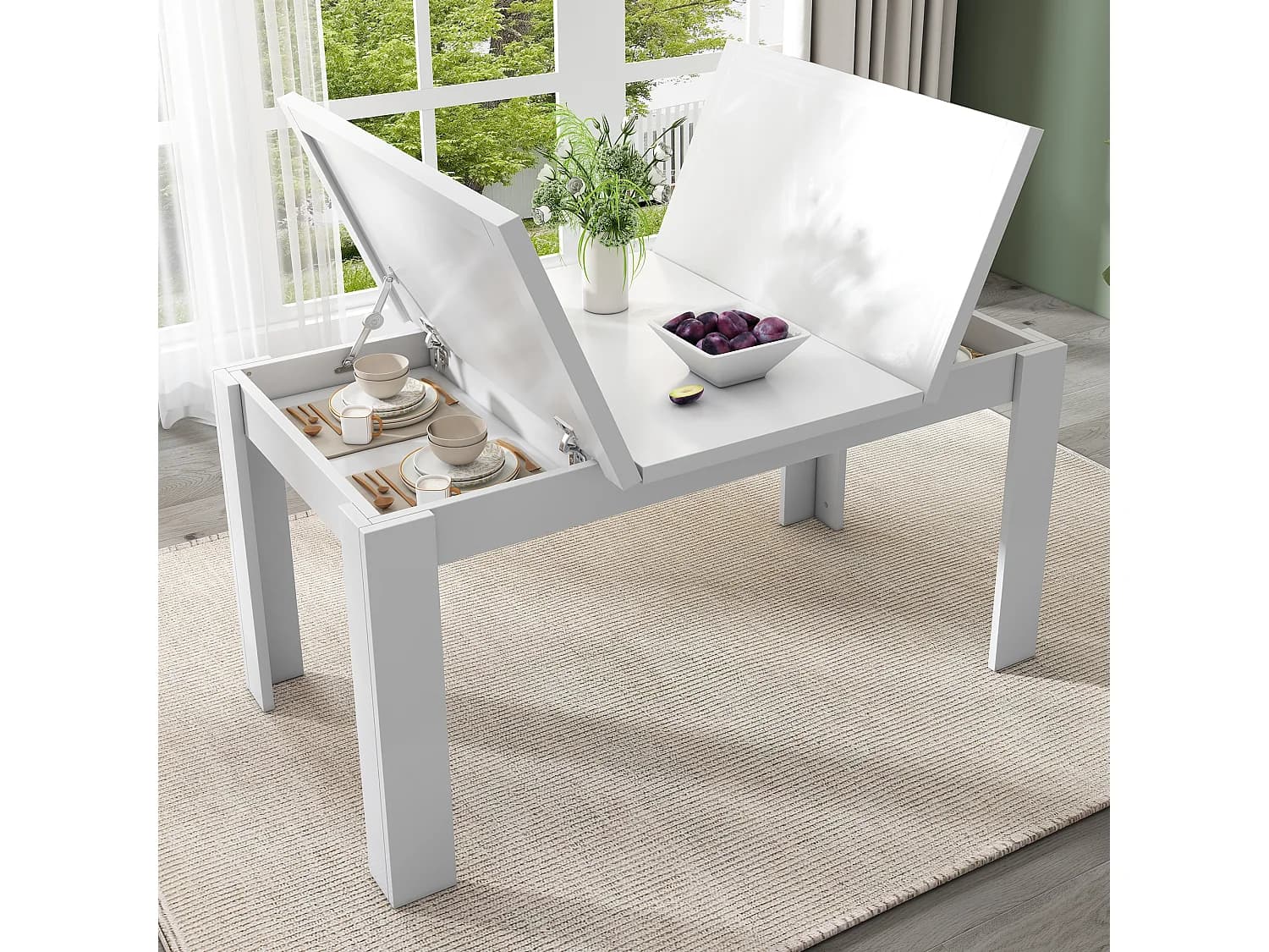 Table à manger 6 personnes 120x70cm en MDF avec rangement caché, blanc