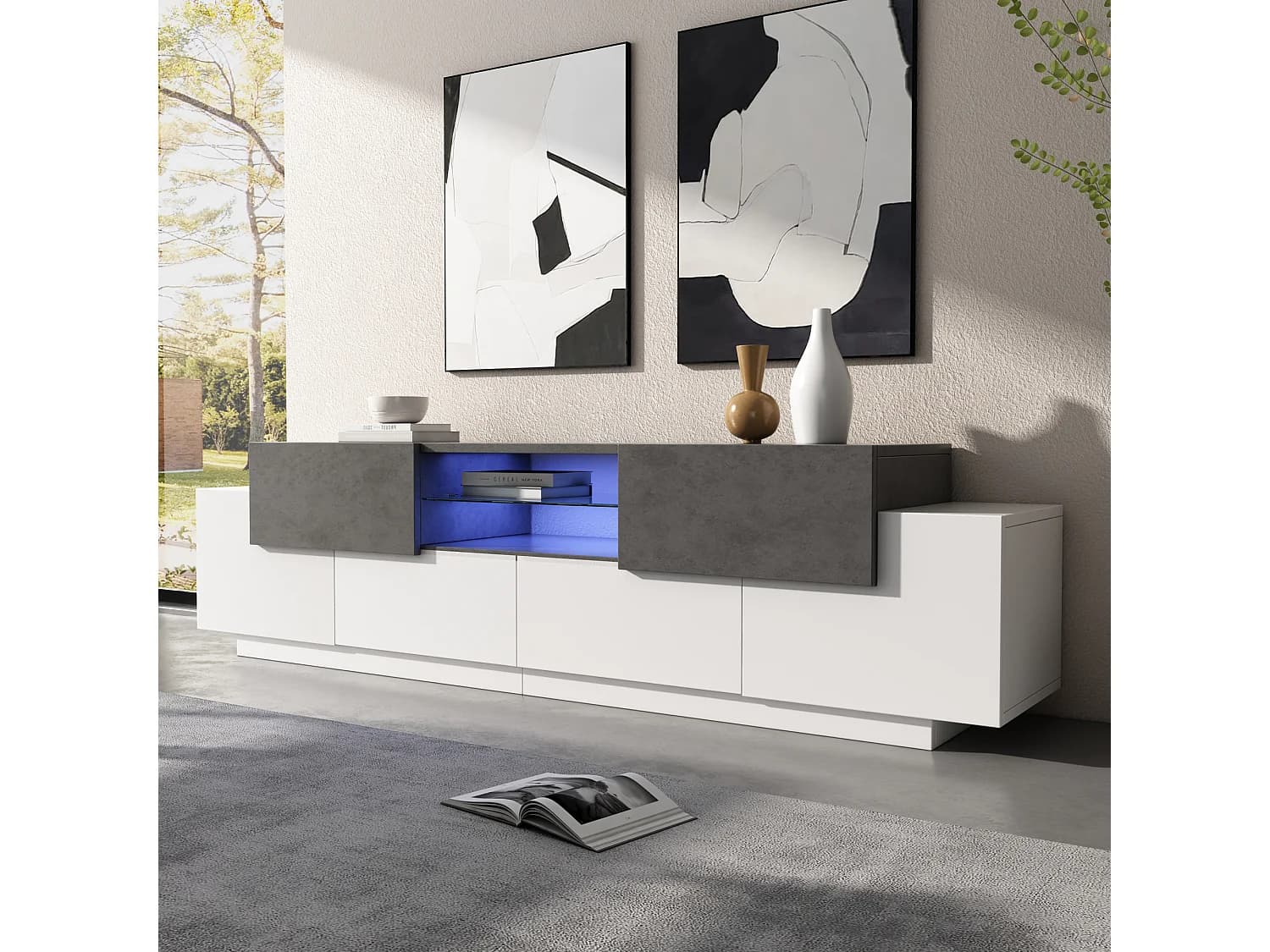 Meuble TV avec Leds - 180 x 40 x 45 cm - avec étagères + 4 portes + 2 tiroirs - aggloméré - blanc et gris