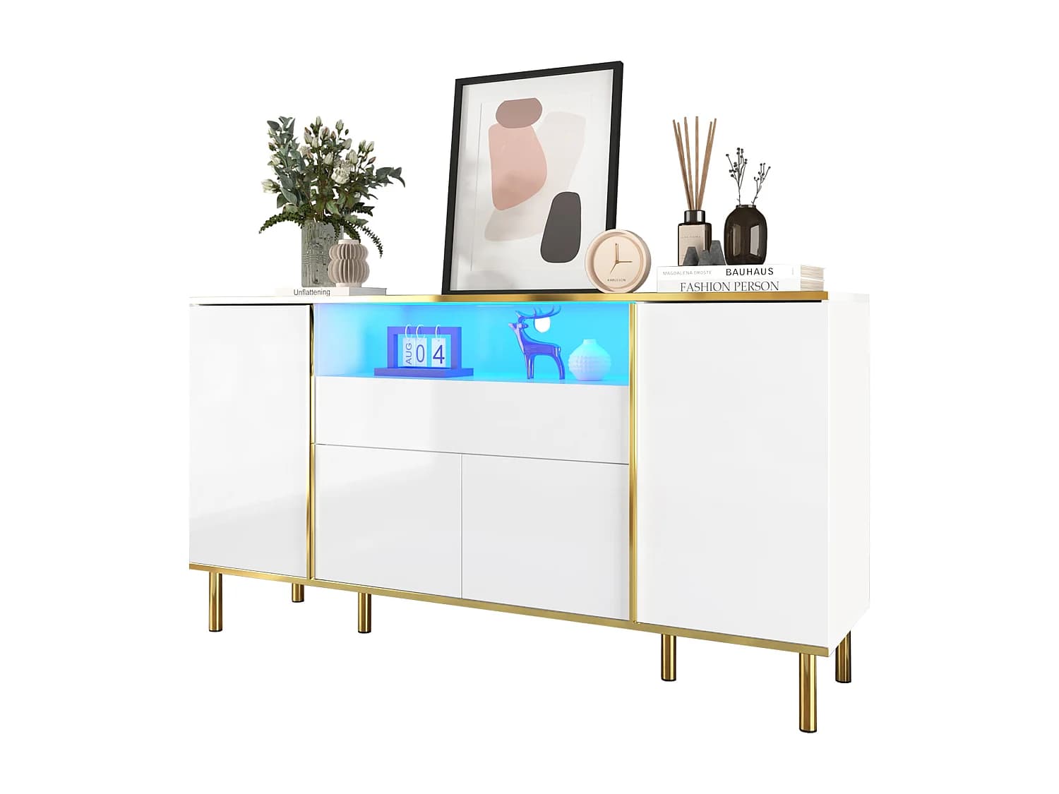 Buffet bas brillant - 150 x 40 x 80 cm - avec 1 tiroir + 4 portes - Panneau de particules + MDF - blanc