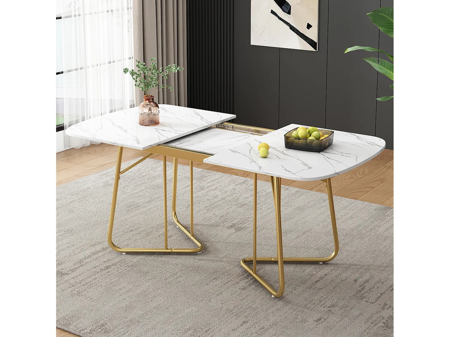 Table à manger extensible 4-6 personnes 180x80cm en MDF avec Pieds en métal doré, placage marbre blanc
