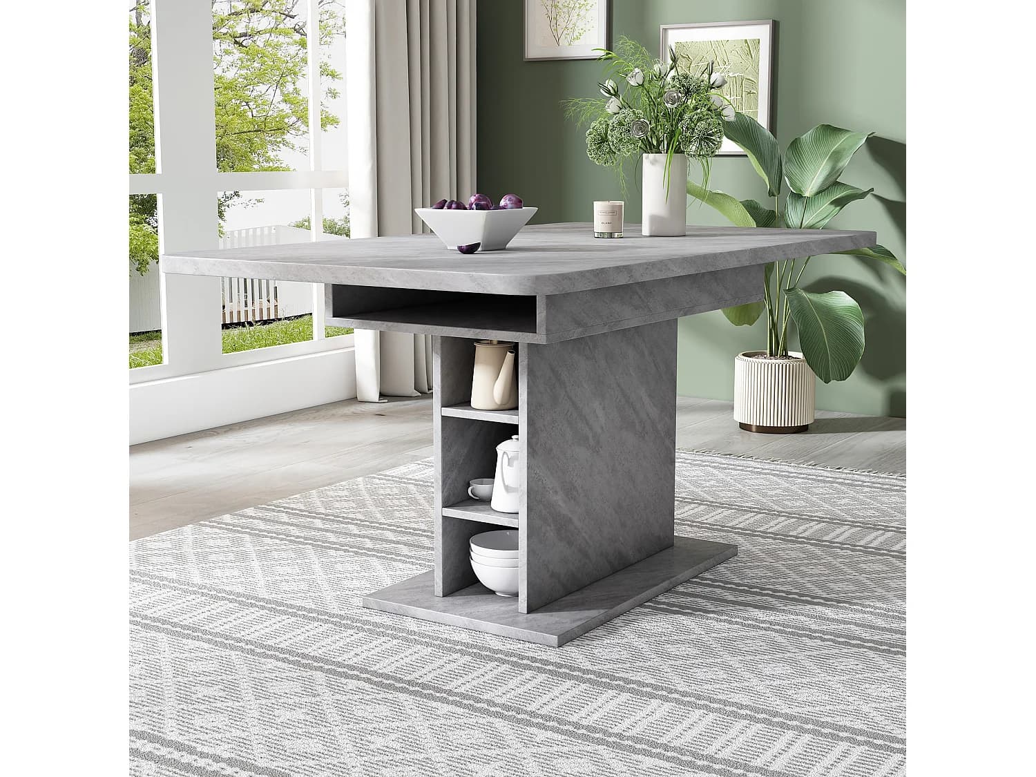 Table à manger extensible 4-6 personnes 130x70cm en Panneau de particule avec rangement, placage marbre gris