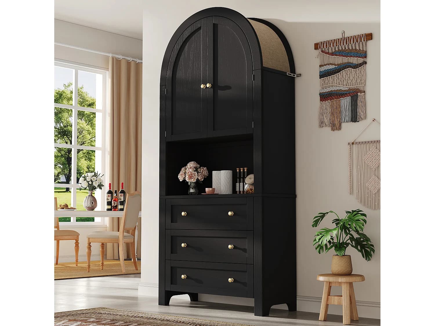 Buffet haute de rangement - 70 x 35 x 180 cm - en arc avec 3 tiroirs et 2 portes - MDF - noir