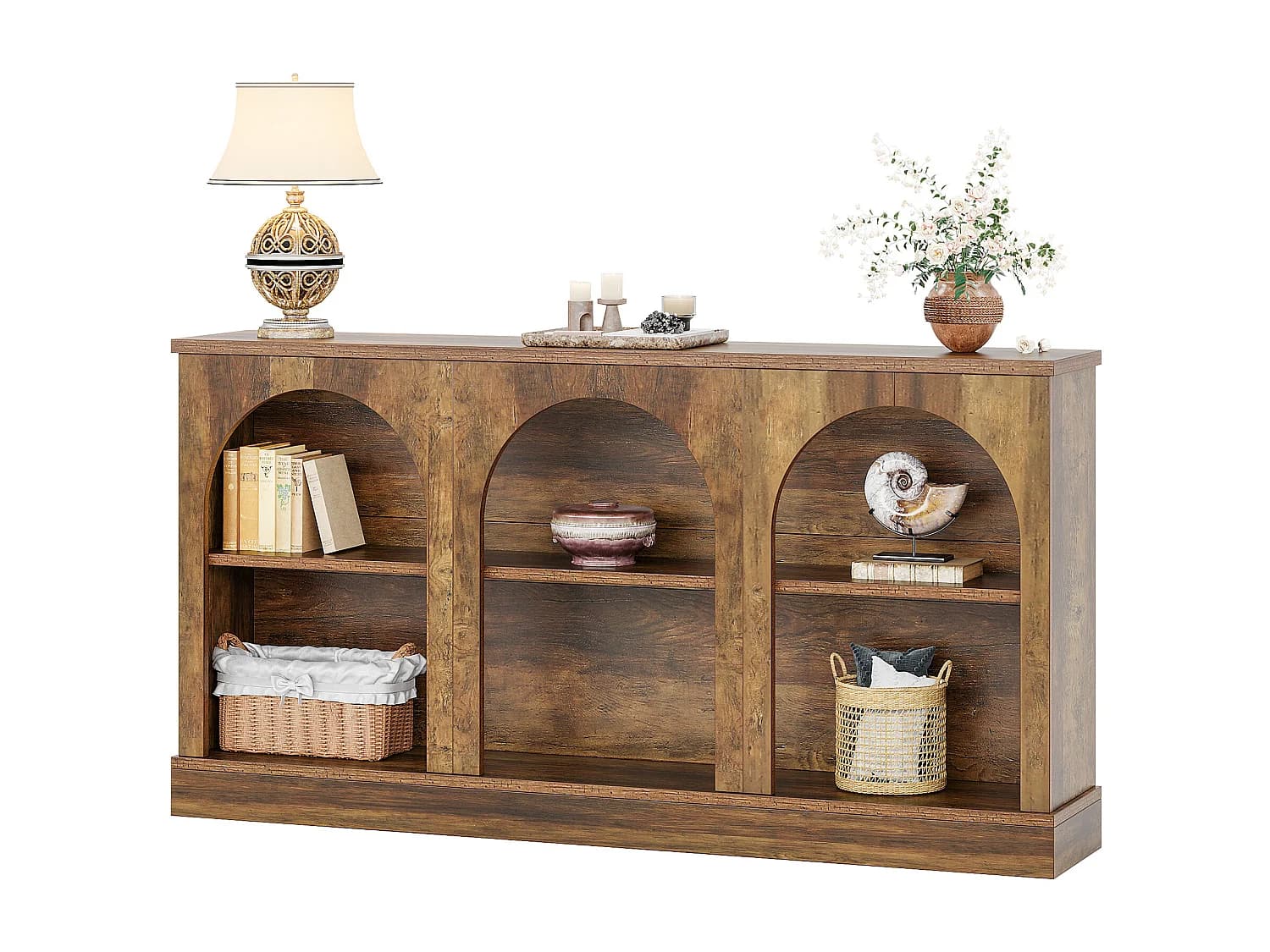 Table console de style rustique de 160 cm de long avec 3 niveaux de rangement, marron