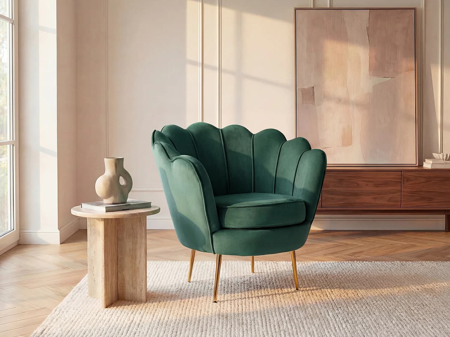 Fauteuil coquillage en velours vert sapin DANDELION