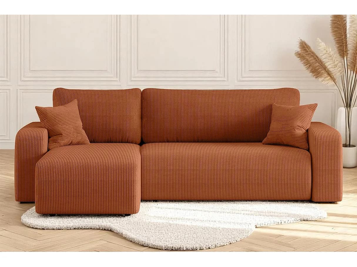 Canapé d'angle ALYA convertible et réversible 4 places en velours cotelé - Terracotta