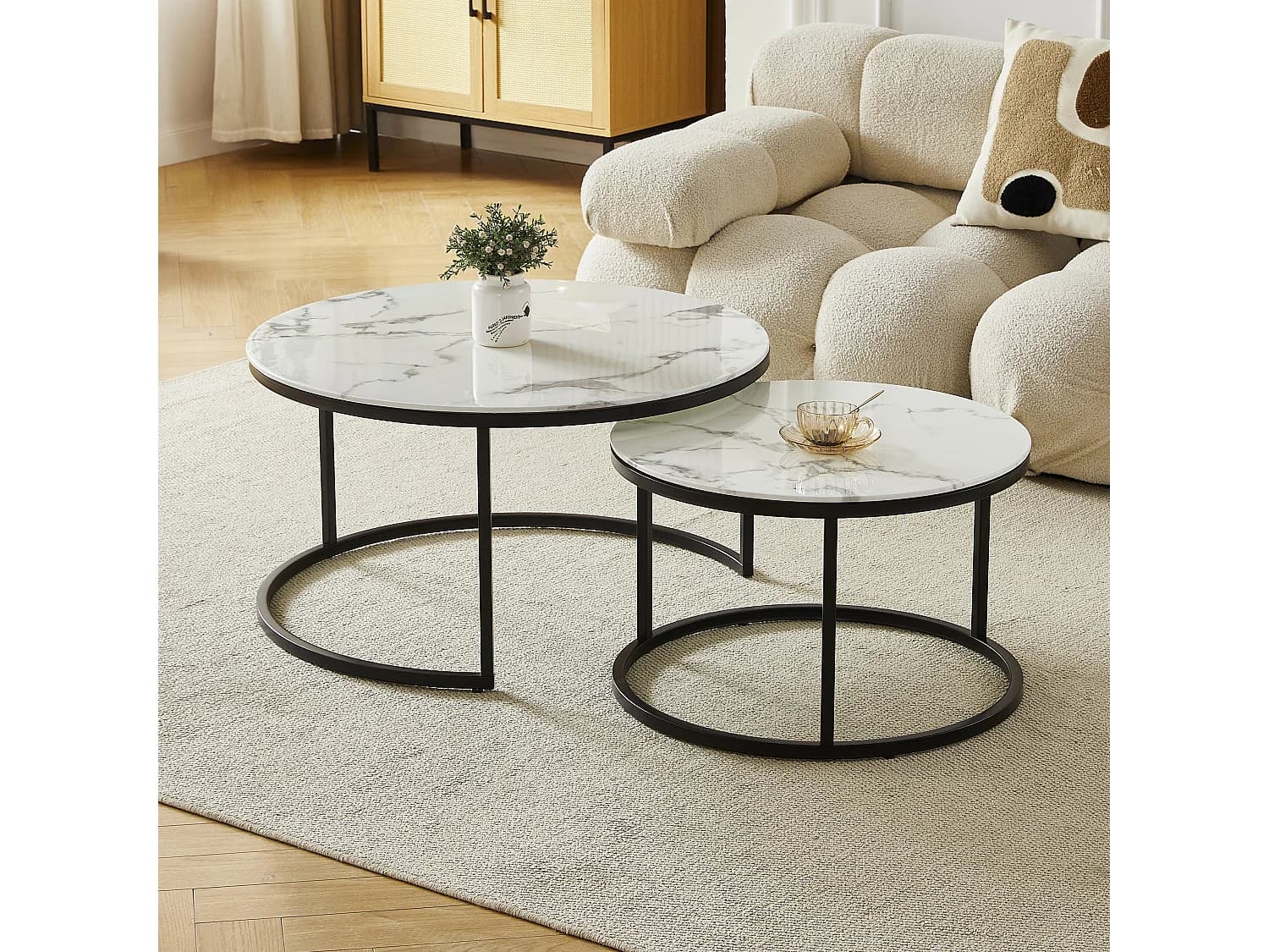 Tables basses gigognes MILA - Verre trempé effet marbre blanc et métal noir