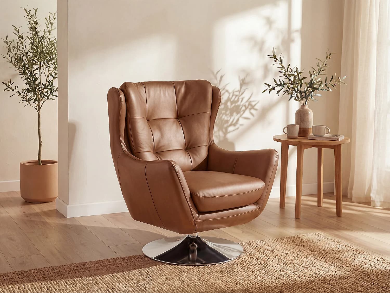 Fauteuil pivotant en cuir de buffle camel ANABA