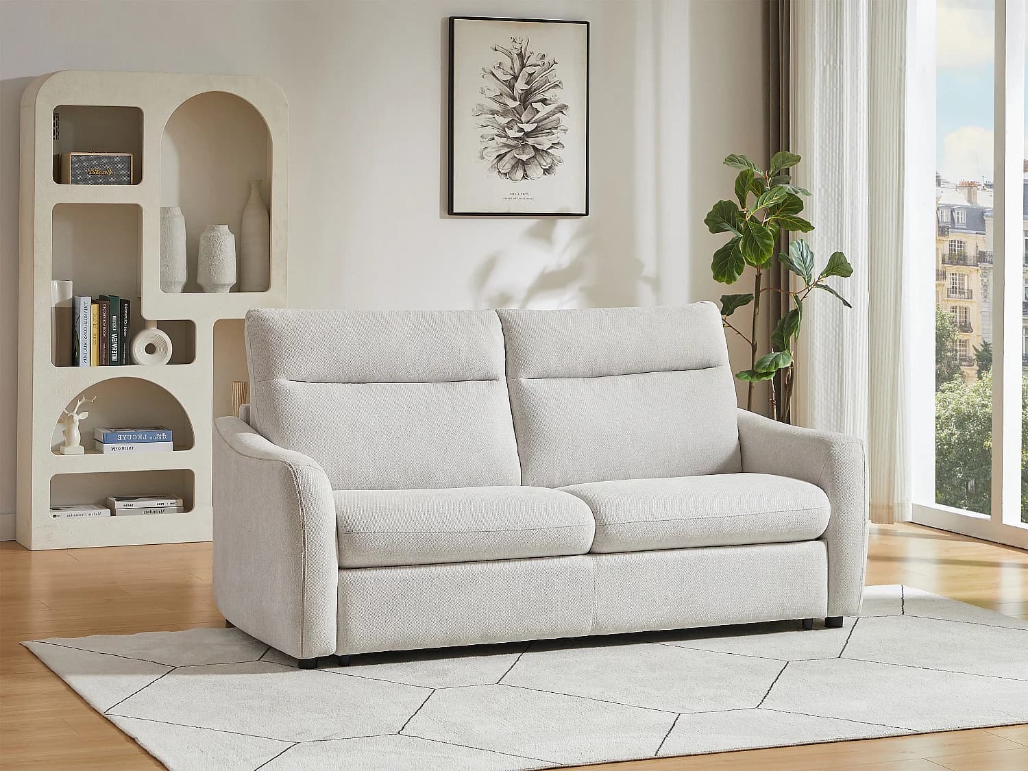 Canapé convertible express 3 places en tissu beige - Couchage 140 cm SOVANIA