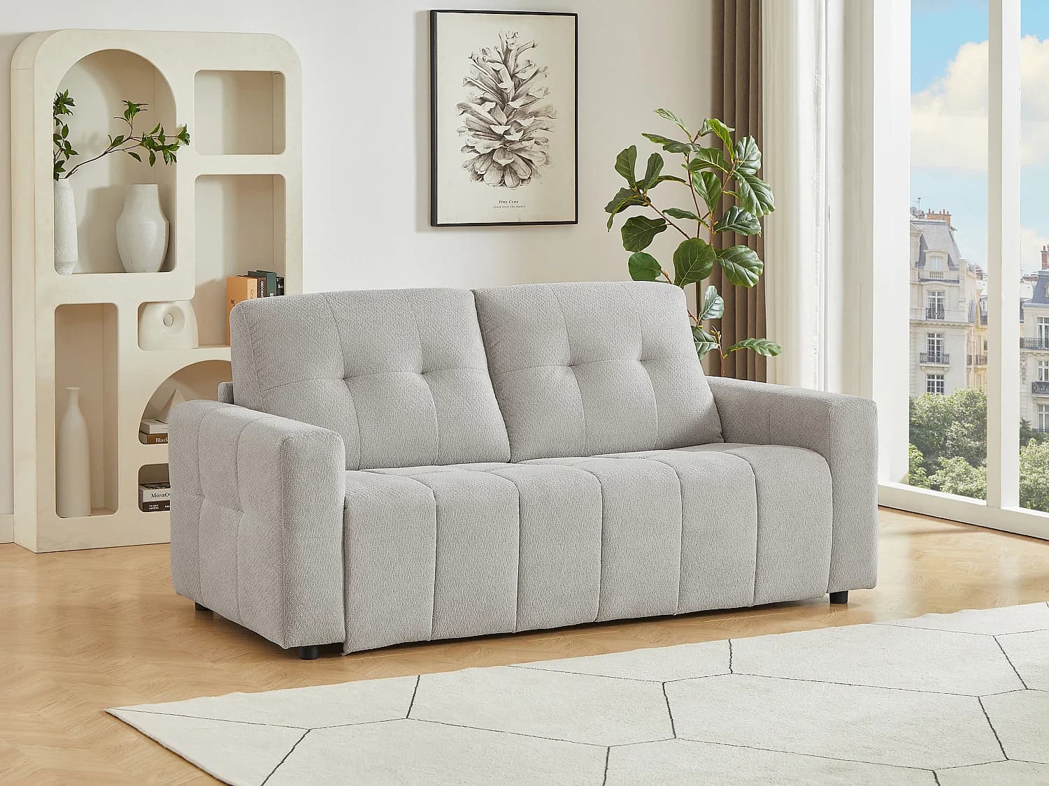 Canapé 3 places convertible express en tissu chenille gris clair - Couchage 140 cm ISISTIA