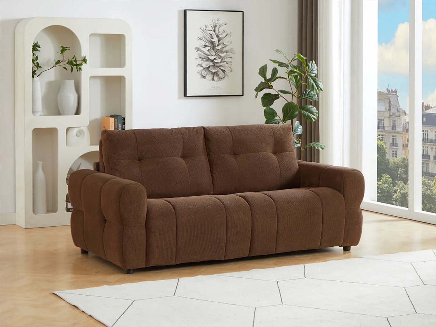 Canapé 3 places convertible express en tissu chenille marron - Couchage 140 cm ECORIA