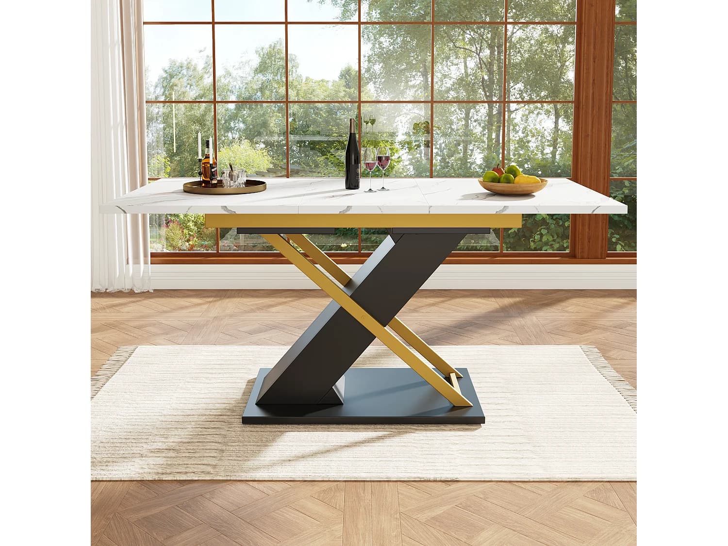 Table à manger extensible 6-8 personnes 160x80cm, plateau en effet marbre avec pieds en métal doré croisé