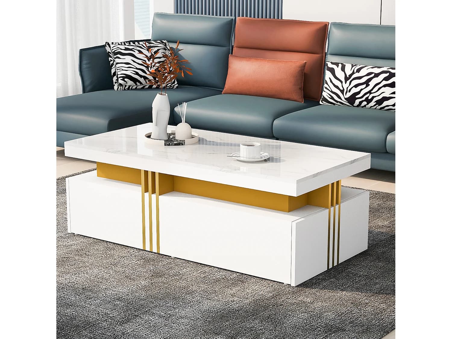 Table basse moderne avec 2 tiroirs en placage effet marbre blanc, bordures latérales en métal doré